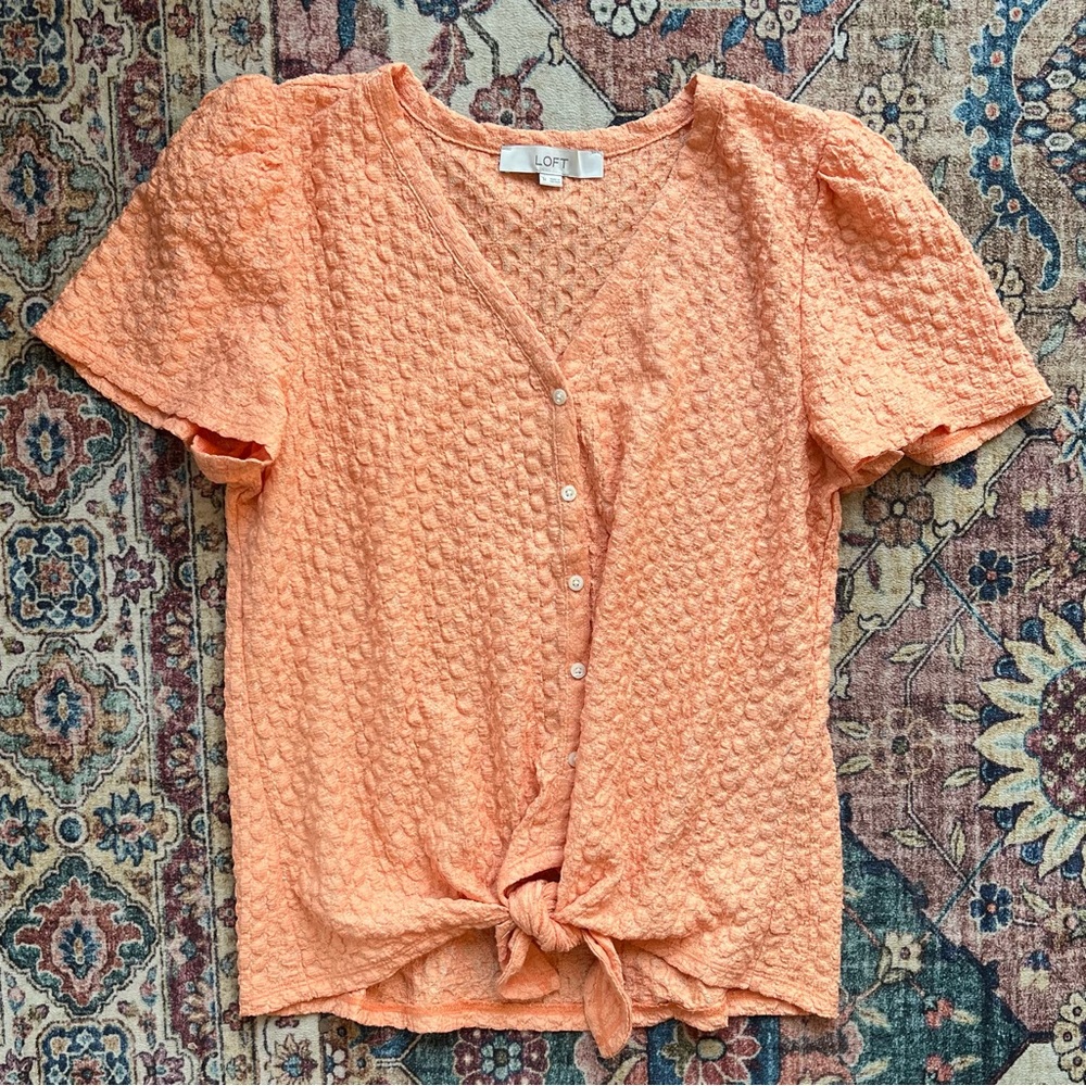 LOFT Orange Textured Short Sleeve Blouse